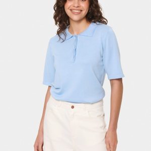 Mila Stickad Topp med krage – Chambray Blue